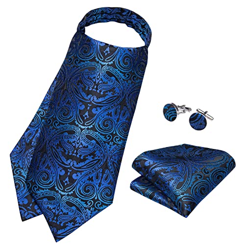 Image of DiBanGu 3PCS Ascot Ties for Men Wedding Jacquard Woven Silk Ascot Cravat for Men Cravat Tie and Pocket Square Set