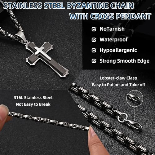 Byzantine Cross Necklace for Men, Black Silver Stainless Steel Cross Chain Pendant Necklace Masculine Chunky Sturdy Mens Christian Jewelry Gift 22/24 Inch4