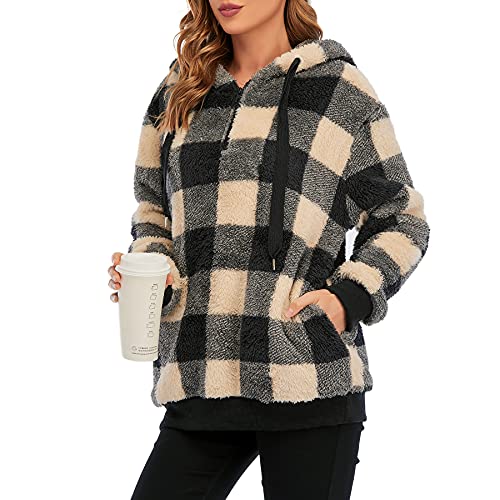Zando Womens Fuzzy Hoodies for Women Cute Comfy Hoodie Women s Quarter Zip Pullover Sweaters Oversized Hooded Sweatshirt Aesthetic Winter Sherpa Fleece Hoodie with Pockets Plaid Khaki M