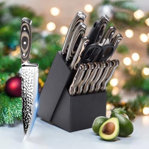 HUIKAILI Messerblock Set, 15-teiliges Messerset mit Holzblock, selbstschärfend für Kochmesserset, Messerset aus gehämmertem Edelstahl mit hohem Kohlenstoffgehalt mit Steakmessern (Grau)