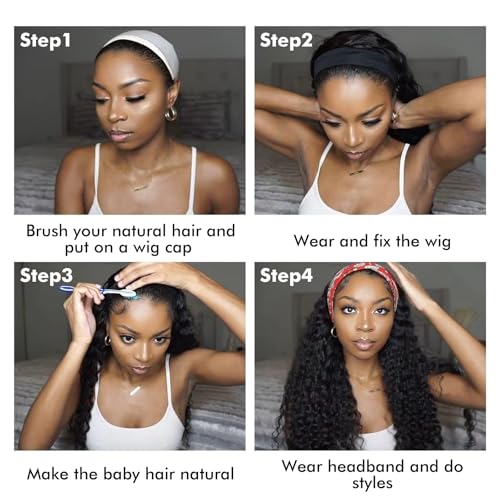 Image of Deep Wave Headband Wig Human Hair 14 Inch Brazilian Virgin Natural Black