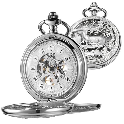 Image of Vintage Gold Double Sides Open Case Mechanical Men's Pocket Watch,Double Face Roman Dial Clock Hand Wind Pocket Watch for Men with FOB Chain