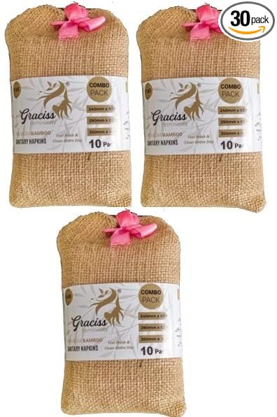 Graciss Bamboo Sanitary Pads 3 Combo with an Attractive Jute Pouch(30 Pcs XXXL-12/ XL-9/ L-9)