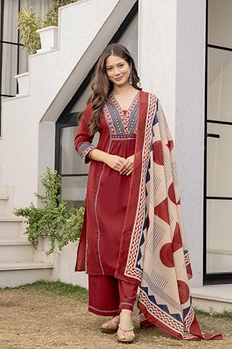 Image of MEERA FAB Women Floral Printed Pure Cotton Straignt V-Neck Kurta with Trousers & Dupatta