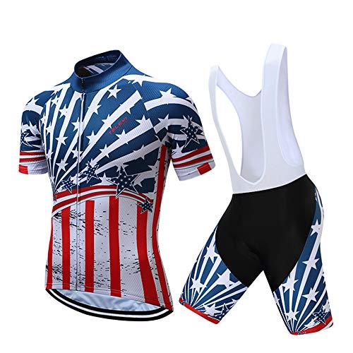Shenshan Men's Summer USA Short Sleeve Cycling Jersey Bib Shorts Set Blue Red XL