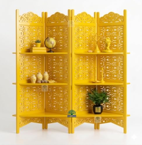 Image of Wooden Room Divider Partition with Display Shelves for Living Room | Foldable 4 Panel Decorative Privacy Screen Separator for Home, Office & Bedroom | Modern Gold Finish