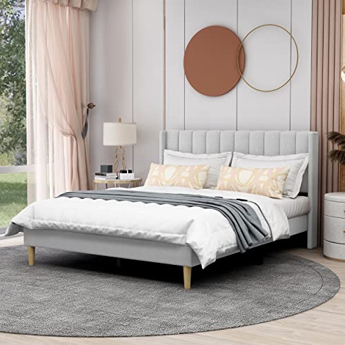 Image of AGARTT Upholstered Platform Bed Frame Queen Size, Light Grey Linen