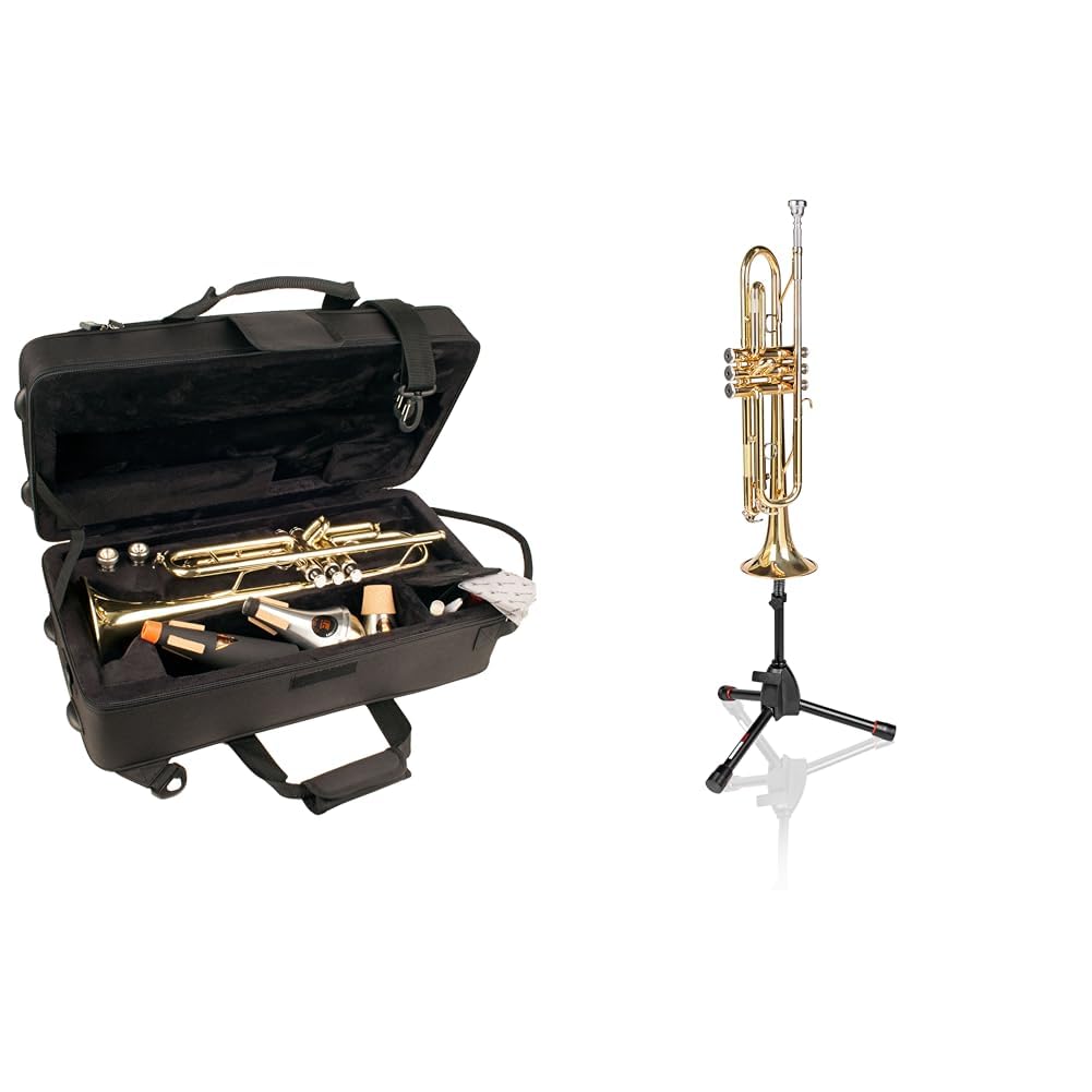 Photo 1 of Protec Trumpet MAX Rectangular Case with Interior Mute Storage, Model MX301 & Gator Frameworks Tripod Style Stand for Standard-Sized Trumpets (GFW-BNO,Black Case + Tripod Style Trumpet Stand