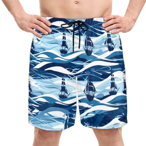 Mens Swim Trunks Ocean Sailing Boats Quick Dry Board Shorts with Mesh Lining