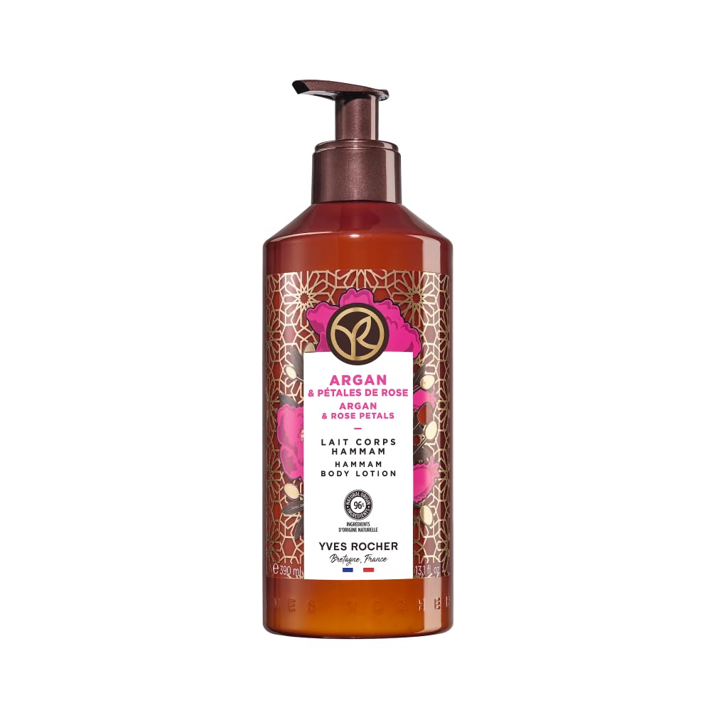Yves Rocher Leche Corporal BAIN DE NATURE - Argán & Pétalos de Rosa - Todo Tipo de Pieles - Crema Hidratante Corporal Perfumada Sin Siliconas ni Colorantes - 98% Ingredientes Naturales - 390ml