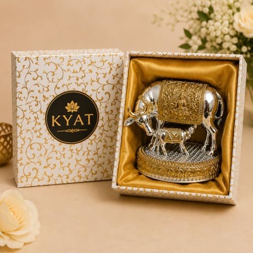 Image of KYAT Pure 999 Fine Silver Kamdhenu Cow with Calf Idol Elephant Pair (Kamdhenu Gold & Silver- 3.5'')