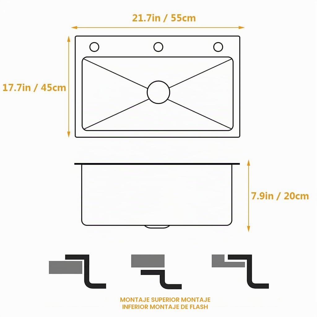 Fregadero de cocina negro, de acero inoxidable, 1 cubeta, Drop-In/Topmount con accesorios deslizantes, fregadero de lugar de trabajo de granja con varios accesorios (55 x 45 cm)