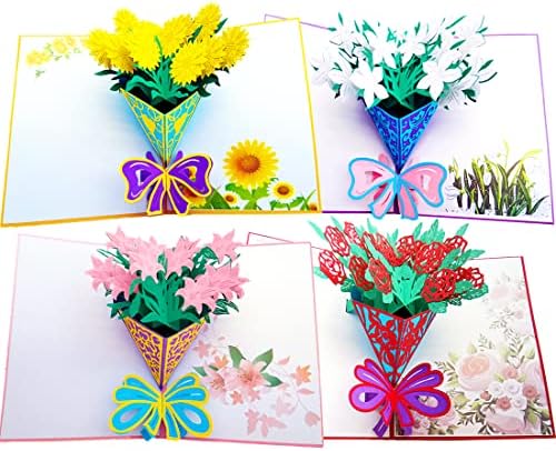 4 Types Flowers Pop Up Playing cards 3D Greeting Present Playing cards Assortment for All Event Congratulation Anniversary Valentine’s Day Birthday Competition Celebration or Marriage ceremony