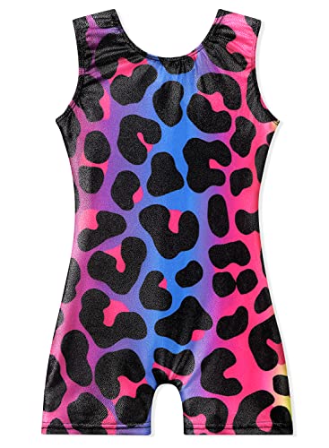 Image of EQSJIU Gymnastics Leotards for Girls Kids Rainbow Mosaic Mermaid Butterfly Stars Leopard Galaxy Tie Dye Cosmos Leopard