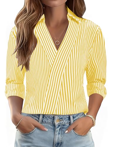 Image of LOMON 3 /4 Length Sleeve Womens Tops Dressy V Neck Collared Shirts Trendy Business Casual Work Blouses Vacation Outfits 2026