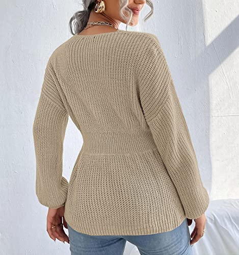 Image of Veatzaer Womens V Neck Sweaters Fall Trendy Casual Long Lantern Sleeve Ribbed Knit Pullover Sweater Tops