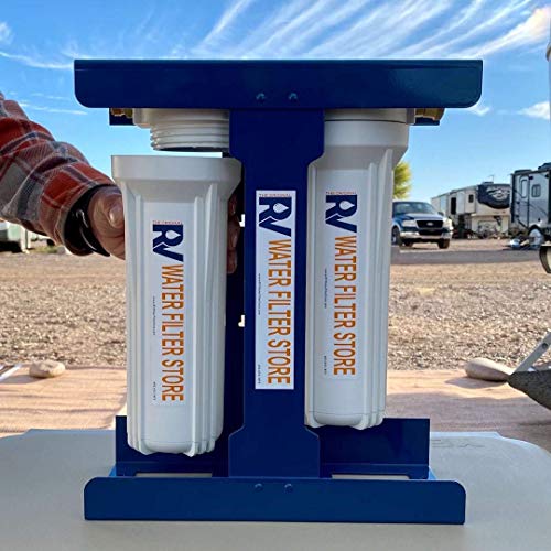 Image of Essential RV Water Filter System with Universal Blue Cage Mounting Bracket and Brass Hose Fittings + Warranty