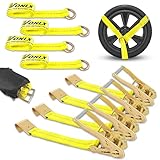VONLX Car Tie Downs Straps for Trailers 4 Pack, Flat Hook Lasso Style and 2'' x 96'' Tire Tie Downs for Car Trailers, Easily Secure Tire Tie Downs for Any Car, UTV, SUV, Jeep, or Sports Car, Yellow
