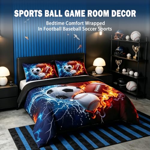 Image of Feelyou Boys Sports Comforter Set Full Size Football Baseball Soccer Bedding Set Basketball Duvet Quilt for Kids Boys Bedroom Ball Game Sports Decor Microfiber Ultra Soft Breathable