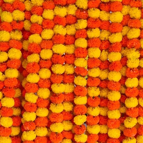 Artificial Marigold Garland Flower 137 cm 5-Piece Yellow and Orange for Diwali Decoration Indian Wedding Decor | Christmas Events Decorations