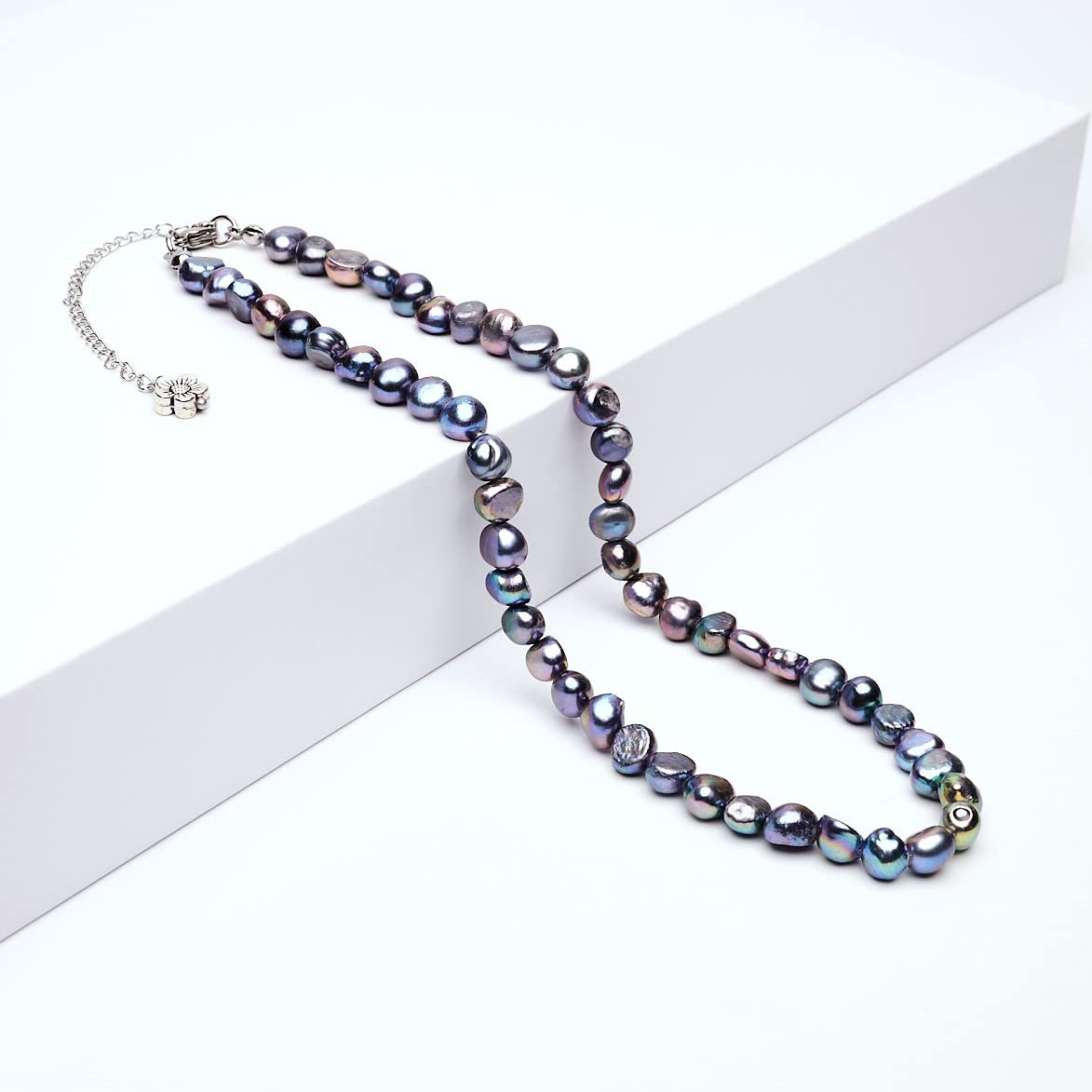 Collier de perles fait main pour femmes Perle baroque 7mm - Longueur du collier : 39.5cm + 5cm de rallonge (Noir)