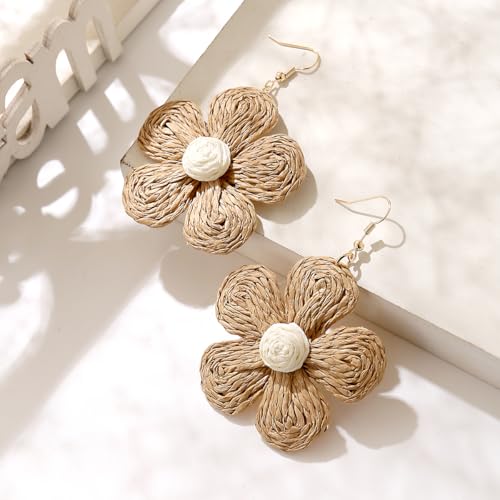 Image of Handmade Raffia Hoop Earrings Statement Tropical Bohemian Straw Dangle Earrings Natural Rattan Vacation Style Round Earrings for Women Summer Beach Party Essential Jewelry