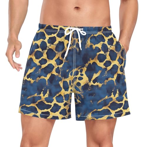 Blue and Gold Leopard Print Men Swim Shorts Men's 2In1 Inseam Bathing Suit with Phone Pocket Quick Dry S