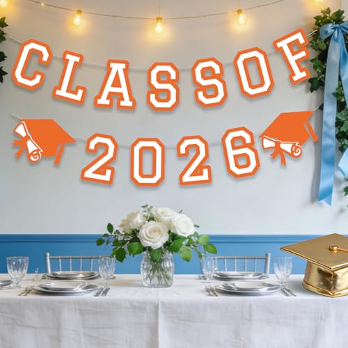 Image of Class of 2026 Graduation Banner University College Grad Garland Decoration Party Supplies High School Colors Orange White