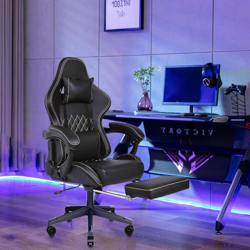 Sedia Gioco Grande, Resistente ai Graffi dei Gatti, Ergonomica Sedia Ufficio con Poggiapiedi e Poggiatesta Rimovibile, Supporto Lombare Altezza Regolabile, Sedie Scrivania Fino a 180 KG - Sedia gaming - Immagine 1
