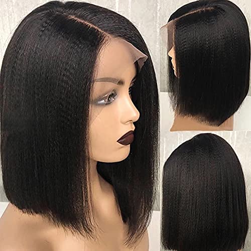 Short Bob Wigs Yaki Straight Lace Front Human Hair Wigs For Women Pre Pluck With Baby Hair 13x4 Lace Front Wig Remy Glueless Lace Wig (150 Density, 14inch)