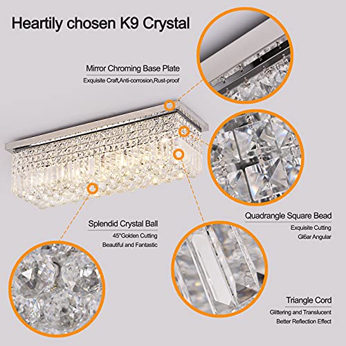 Image of Ceiling Light for Dining Room, Flush Mount Modern K9 Crystal Light Fixture, Rectangular Chandelier for Kitchen Island, L29.5inch, Chrome Finish