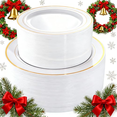 I00000 102 Pieces Gold Plastic Plates, Disposable Party Plates White Gold Rim, 51 Disposable Gold Dinner Plates 10.25 Inch and 51 Disposable Dessert Appetizer Elegant Fancy Wedding Plates 7.5 Inch