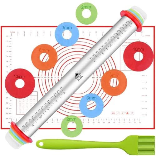 DSL Adjustable Rolling Pin with Thickness Rings & Baking Mat
