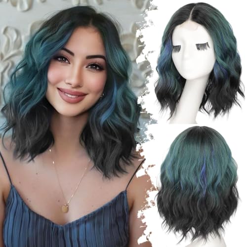 Image of Eawwii Wigs for Women Green Blue Highlights,Short Wavy Synthetic Lace Wig