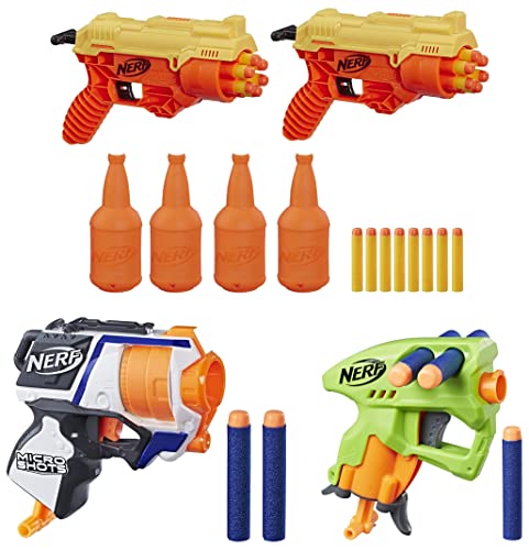 Image of Nerf NanoFire Blaster, Green Single-Shot Blaster with Dart Storage, Includes 3 Elite Darts & 26-Piece Cobra RC-6 Dual Targeting Set & MicroShots N-Strike Elite Strongarm