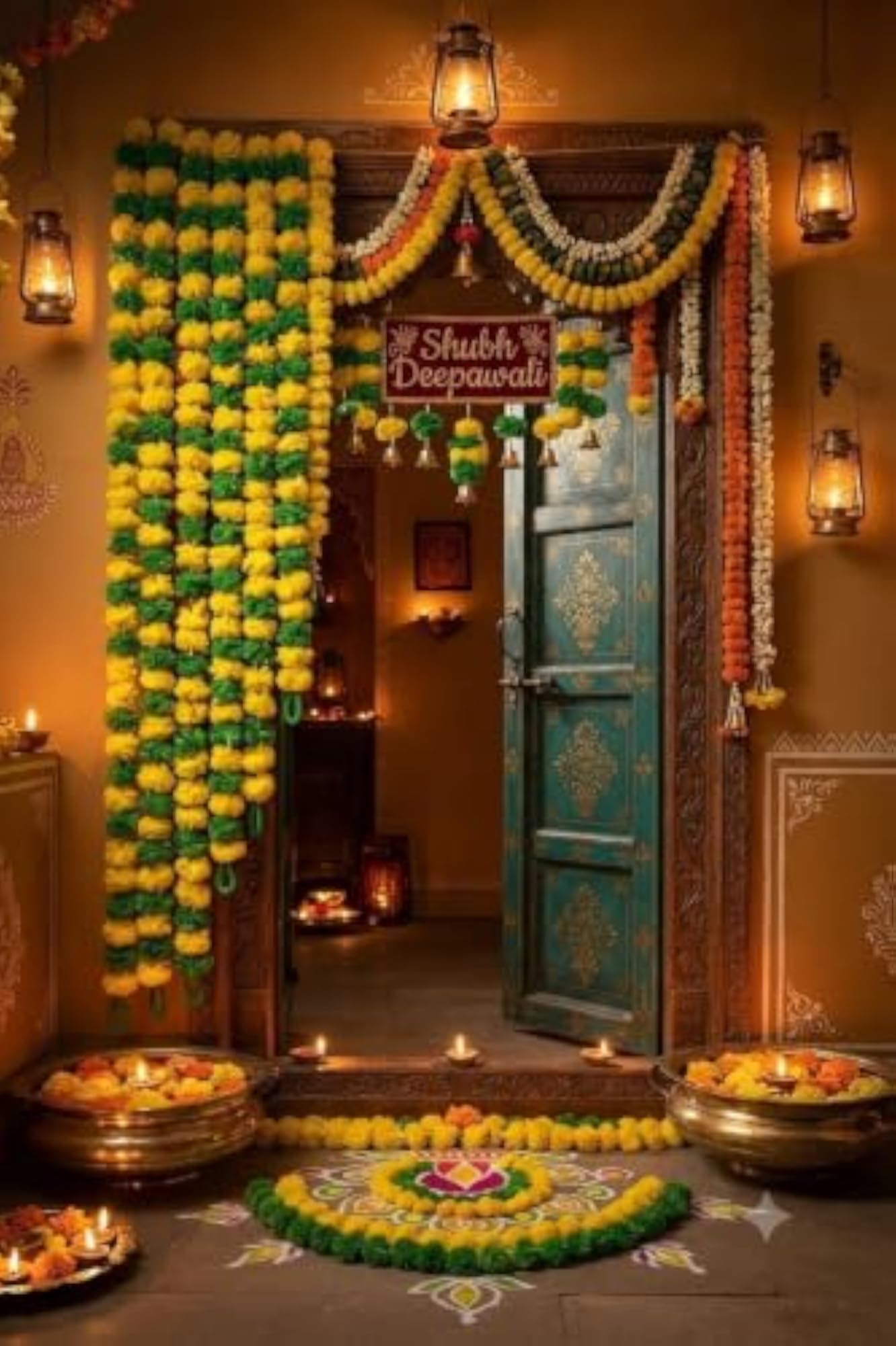 Artificial Marigold Garland Yellow & Green Pom-Pom Toran