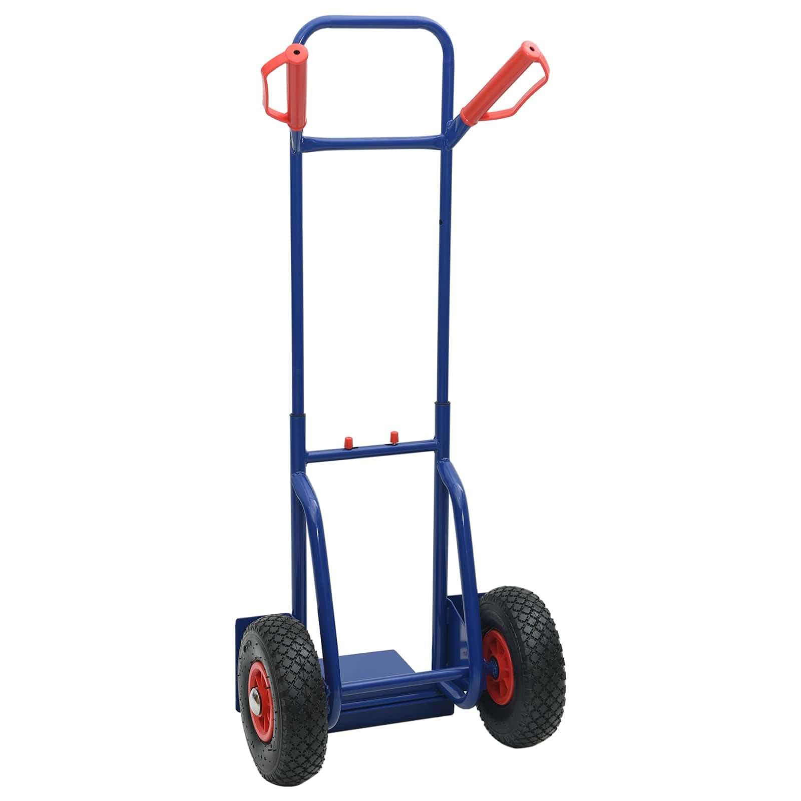 Erweiterbarer Handwagen aus Stahl Blau und Rot 49,5 x 53 x 114 cm mit pneumatischen Gummirädern, verstellbarem Griff, Schutzblech für Transport, Sackkarre, Rollwagen, Plattformwagen