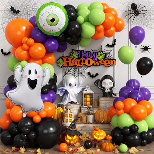 Halloween Balloons Garland Arch Kit, Ghost and Large Eyeball Foil Balloons with Black Orange Purple Fruit Green Balloon Arch for Halloween Spooky Witch Birthday Baby Shower Party Decorations