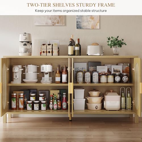 DWVO 4 Door Dressers Storage Cabinet Natural Rattan Oak Wooden Chest with Golden Handles - Modern Large Closet Boho for Living Room/Hallway/Entryway