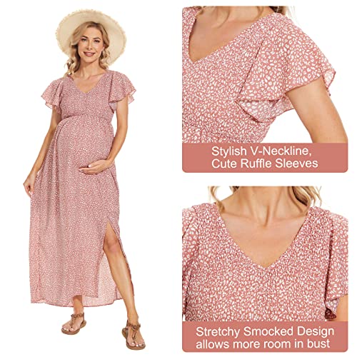 Floral Print V Neck Maternity Dress For Baby Shower Photoshoot Summer Causal, Boho Smocked Flutter Sleeve Split A Line Dress #TOP4