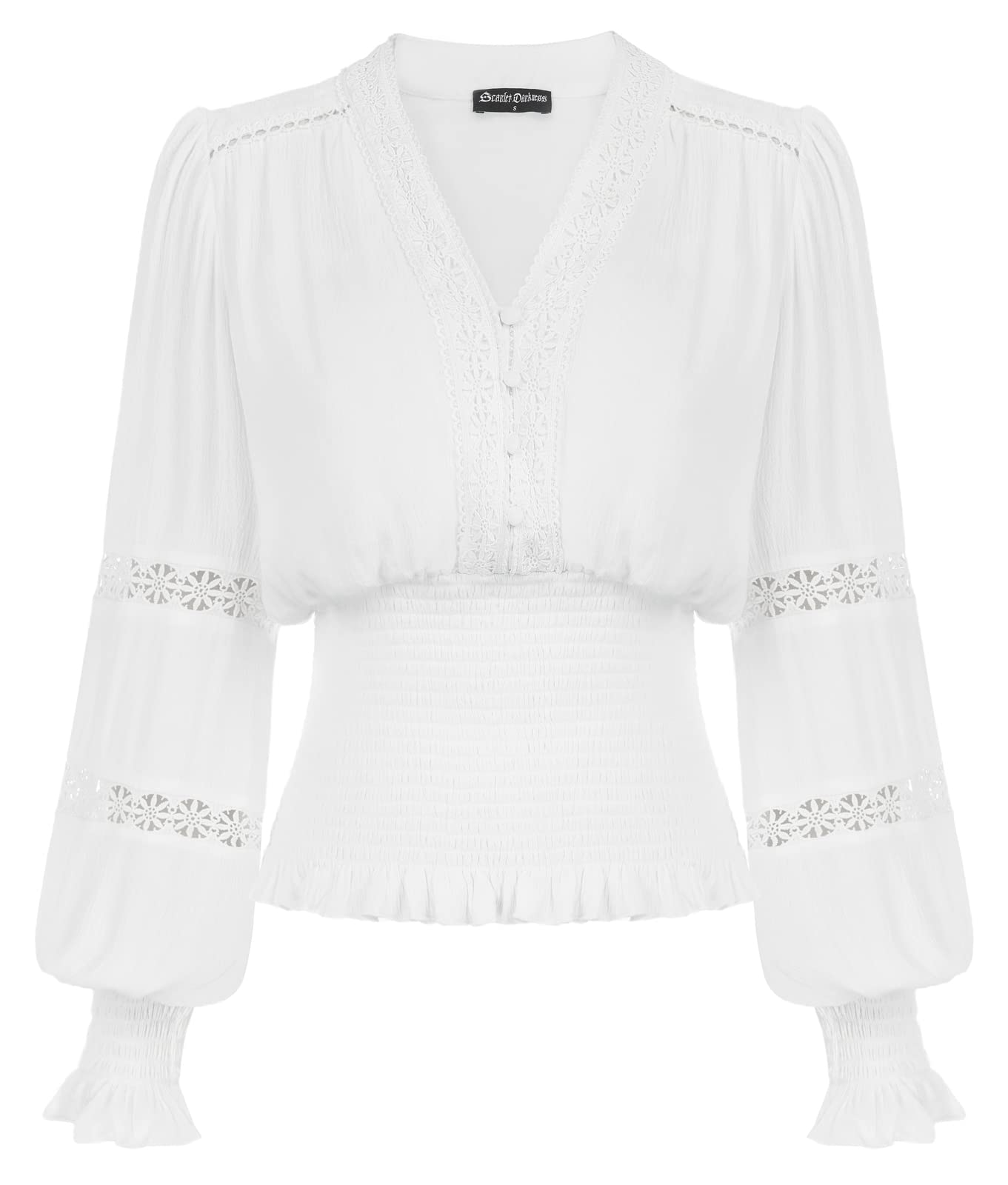 SCARLET DARKNESS Damen Renaissance Spitzenbluse Mittelalter Gesmokt Langarmshirt