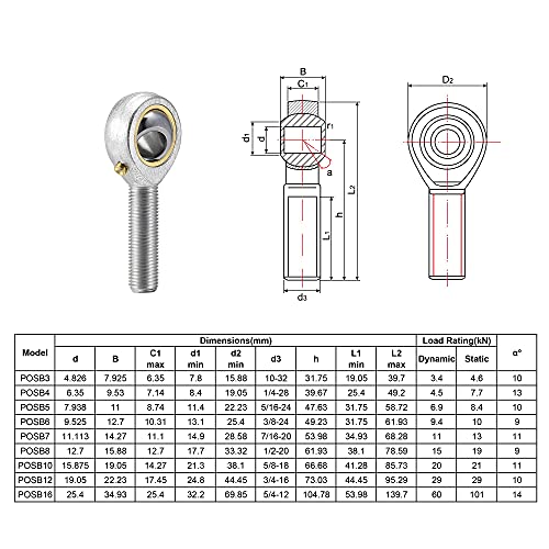 Uxcell Posb6 Rod End Bearings 3/8-Inch Bore Pre-Lubricated Bearings 3/8-24 Male Thread Right Hand 2Pcs #TOP5