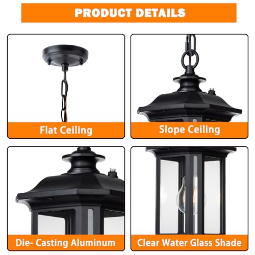 Image of JYZ Dusk to Dawn Outdoor Pendant Lighting, 16 Inch Large Exterior Hanging Lantern Light Fixture, Classic Black Outside Hanging Lamp for Porch Hallway Foyer Patio Gazebo