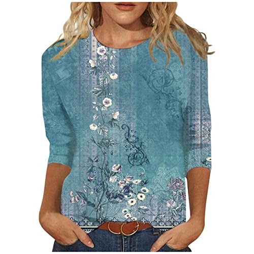 HTHLVMD Womens 3/4 Length Sleeve Tops 2025 Fall Fashion Floral Print Crewneck Causal Trendy Tunic Tops for Women