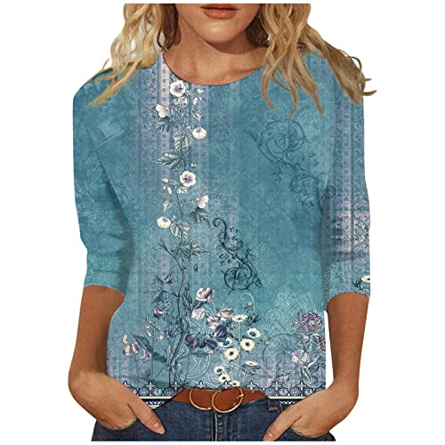 Party Tops for Women 2023 Trendy 3/4 Length Sleeve Womens Tops Dressy Casual Plus Size Blouses Holiday Outfits Fashion Floral Graphic Tees Y2k Clothes for Teen Girl(1c-Cyan,Large)