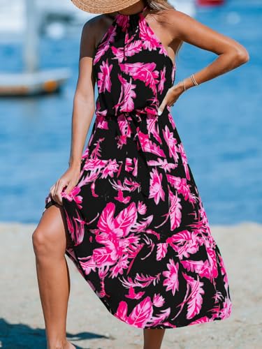 Image of CUPSHE Women's Midi Dress Halter Floral Sleeveless Belted Ruffled A Line Casual Summer Dress
