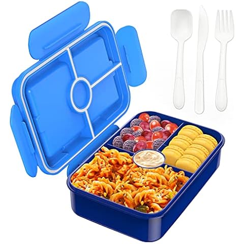 WayEee Lunch Box , Bento Box with Compartments for Kids Adults , Meal Prep Containers Build in Tableware, Bpa Free, Microwave and Dishwasher Safe (Blue) Cover