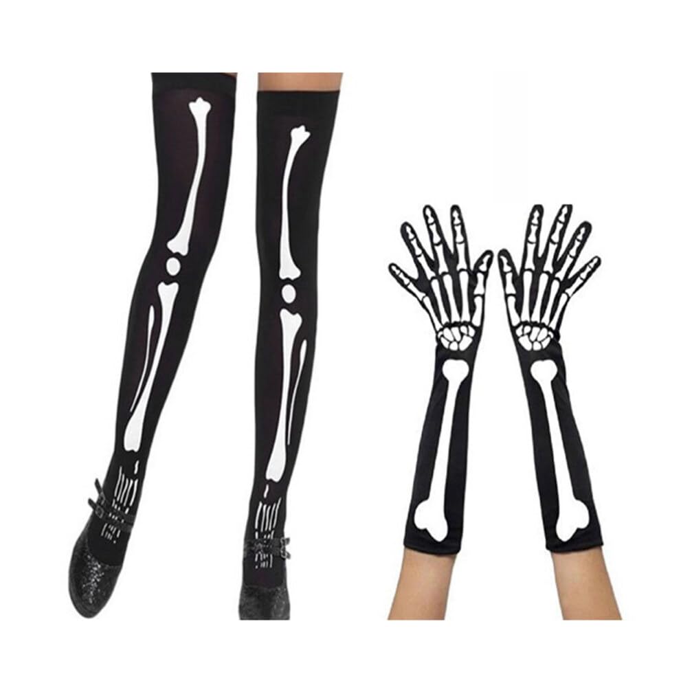 MAGICLULU 2 Pair Skeleton Gloves Socks Halloween Bones Skeleton Print Stockings