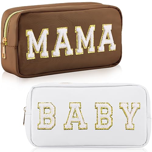 Sanwuta 2 Pieces Mama Gifts Makeup Bag Mom Birthday Gifts Nylon Cosmetic Bag Mothers Day Appreciation Toiletry Preppy Patch Chenille Letter Pouch for Women Her New Mom(Camel, White,Baby and Mama)