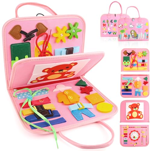 Image of Toddler Busy Board, Montessori Sensory Toys for Boys, 1-4 Year Old Girl Toddler Travel Toys, Educational Learning Activities Board for Motor Skills, Birthday Gifts for Airplane Car, Pink